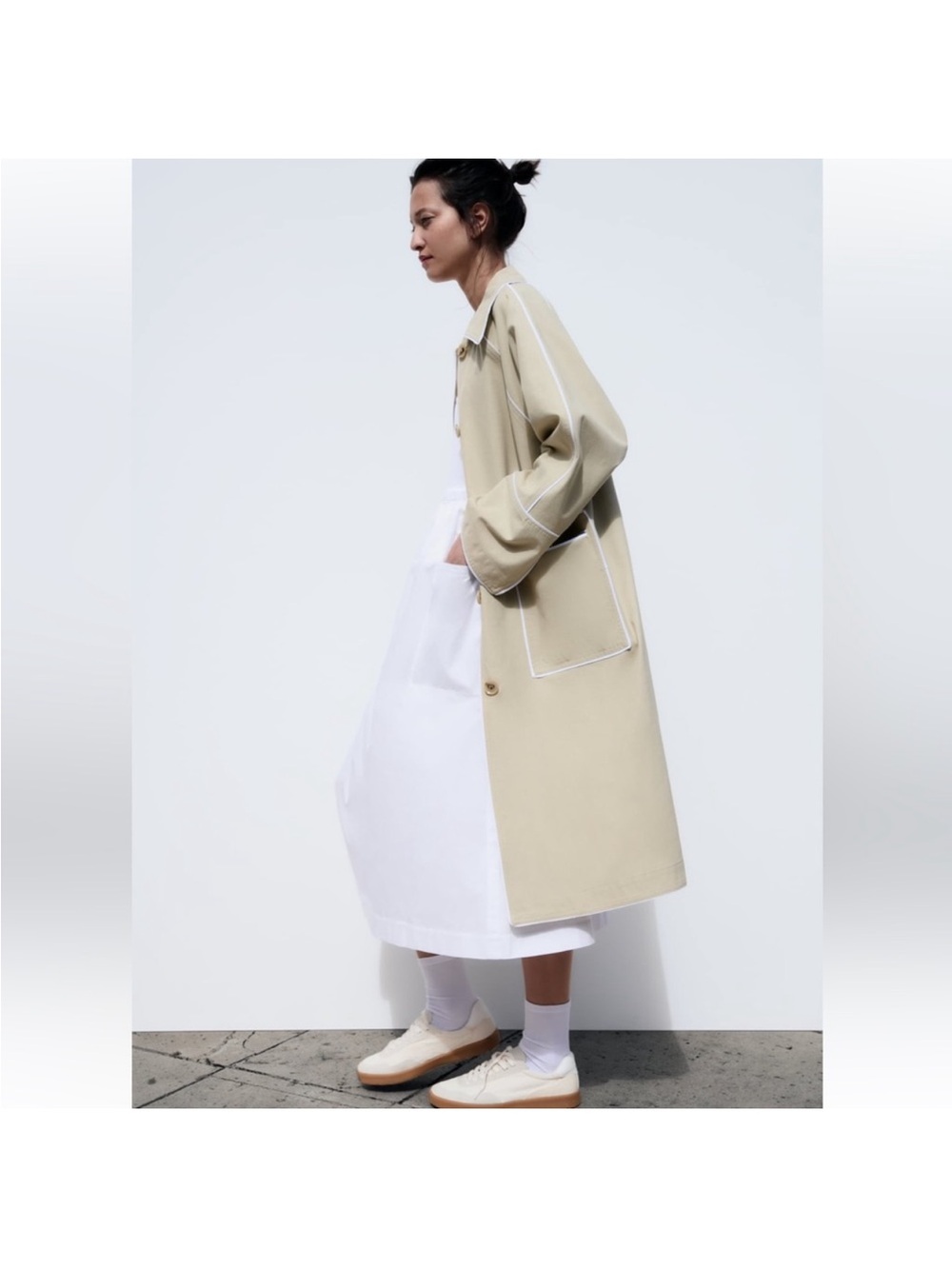 Zara Oversized Contrast Trench Coat Beige Piping Special Edition Sz XS Fits M/L - Picture 3 of 16